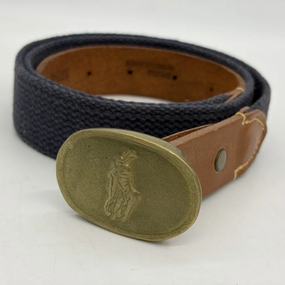 Vintage 80s Polo Ralph Lauren Mens 34 Belt Navy Canvas Brass Pony Buckle Leather